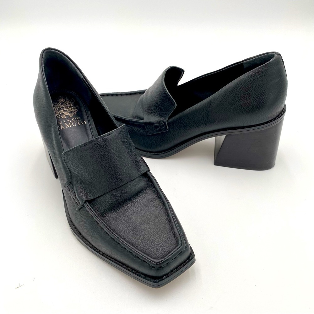 Vince Camuto Black Leather Block Heel Loafers